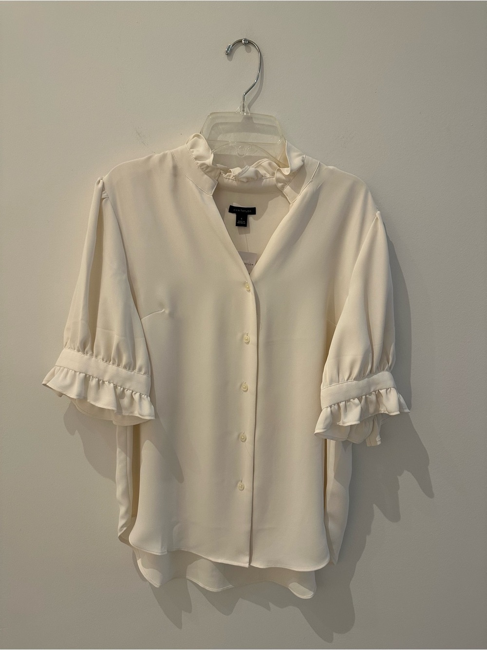 Ann Taylor Cream Ruffle-Trim Button Front Blouse